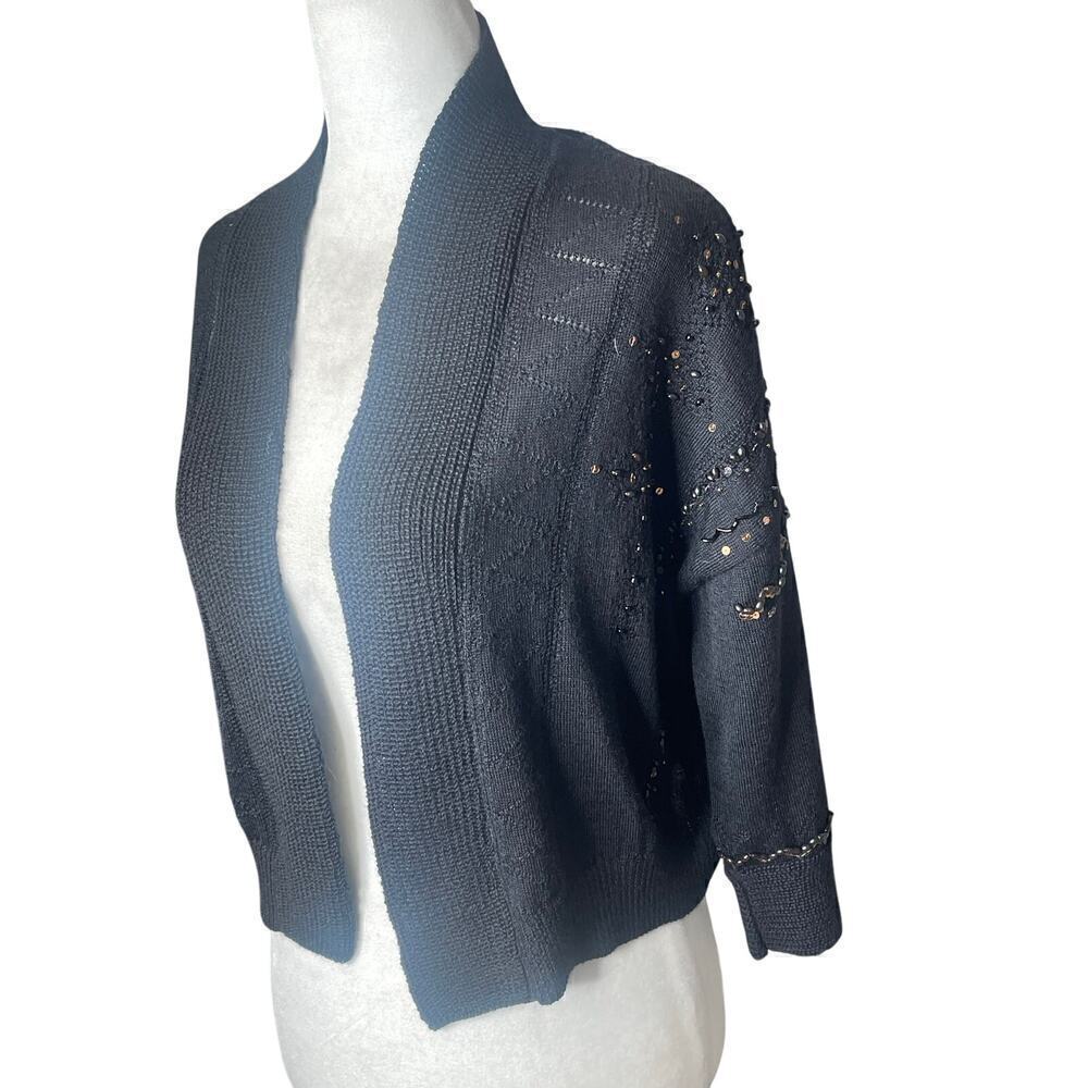 Peruvian connection Alpaca Black Sequined Black 3/4 Sleeve Open Cardigan Large